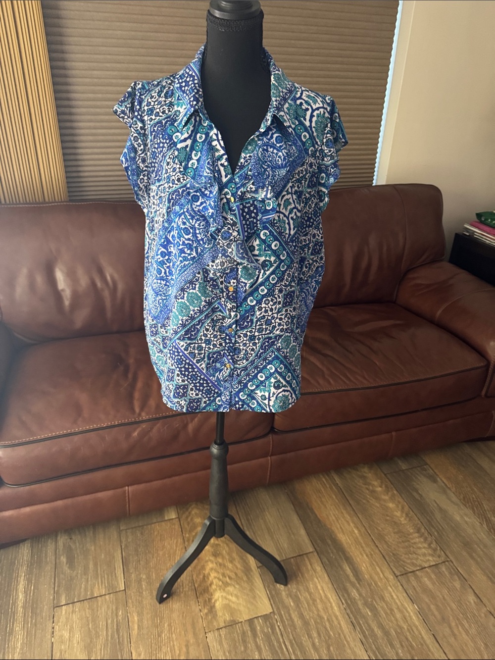 Calvin Klein Blue & Teal Paisley Cap-Sleeve Button Front Top